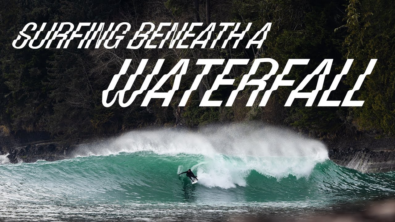 “Surfing beneath a waterfall” surf video thumbnail from Reed Platenius using Velzyland typeface for the titles
