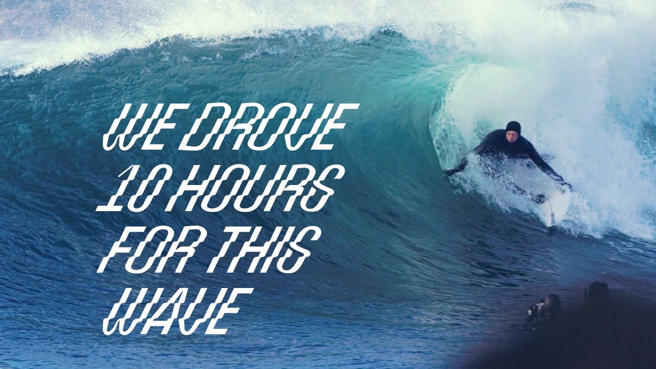 “We drove 10 hours for this wave“ surf video thumbnail from Reed Platenius using Velzyland typeface for the titles