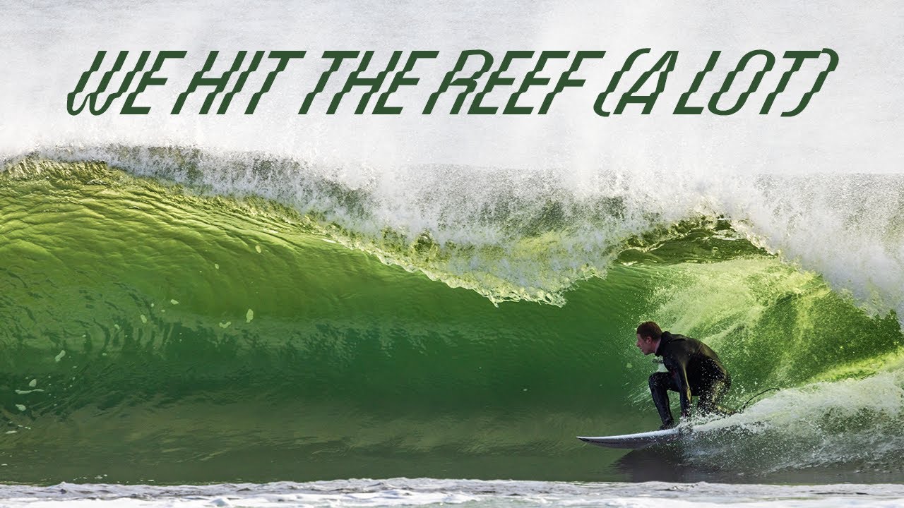“We hit the reef (a lot)” surf video thumbnail from Reed Platenius using Velzyland typeface for the titles